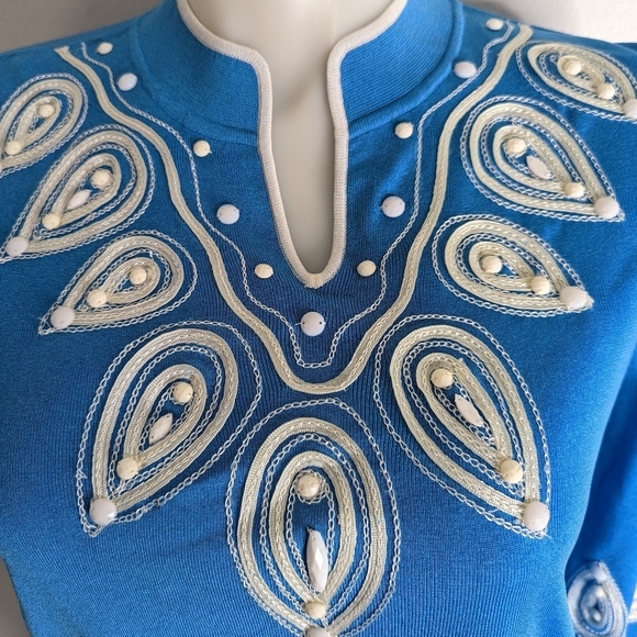 Ming Wang Beaded Embroidered Tunic Top 3/4 Sleeves Light Blue & White Size Large - Picture 3 of 9